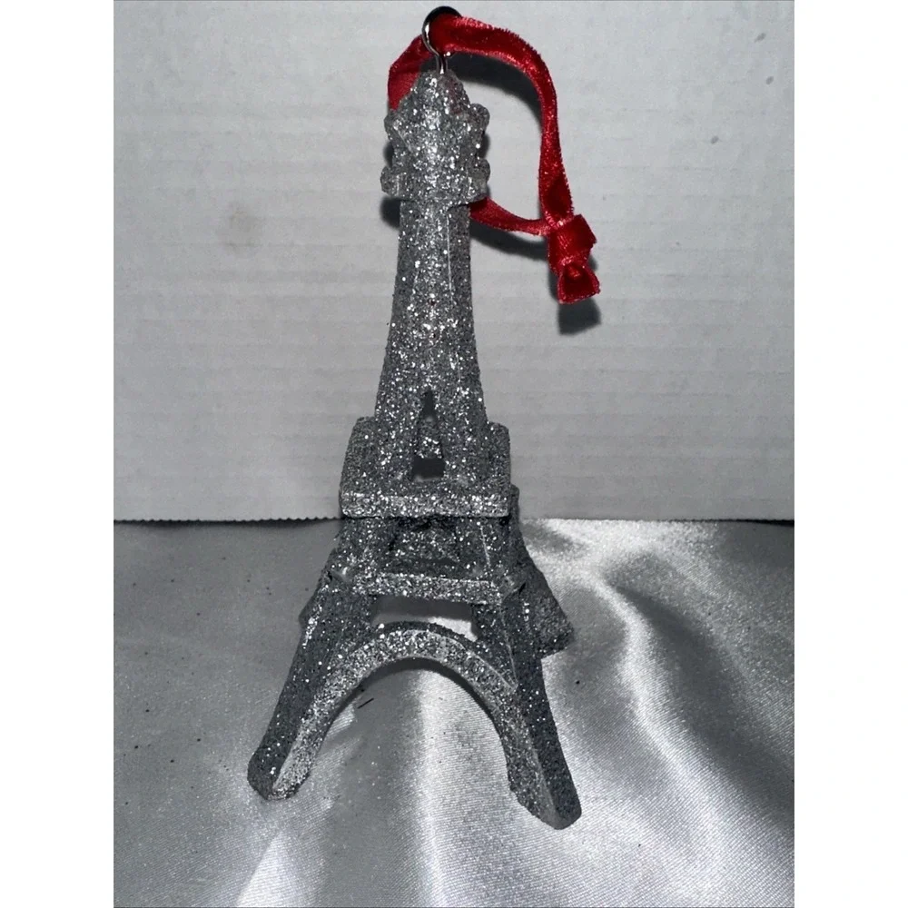 Silver Glitter Eiffel Tower Christmas Ornament Paris France Red Velvet Ribbon